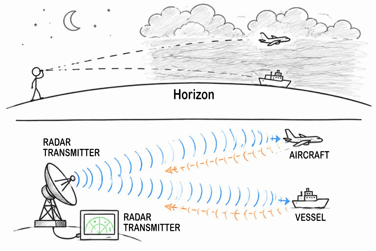 Radar origin and visibility problem diagram