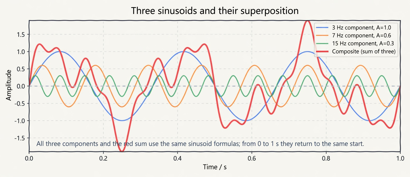 Figure 2.3 Three sine waves and their superposition