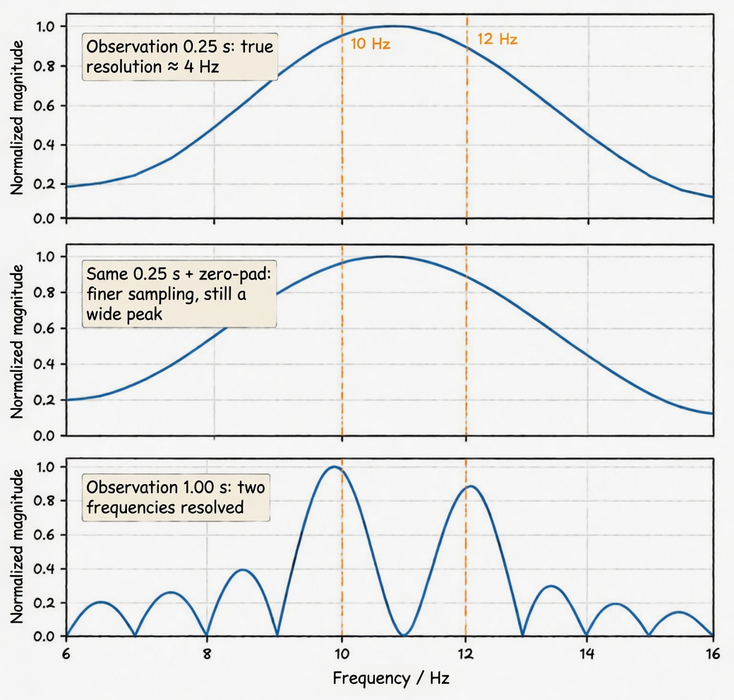 Figure 2.6 Observation time, zero-padding, and frequency resolution