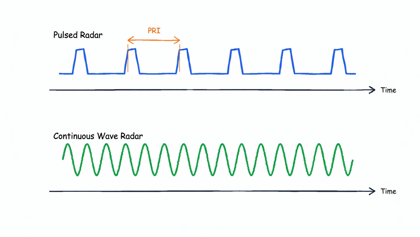 Figure 3.1: Comparison of pulse radar and continuous wave radar transmit signals