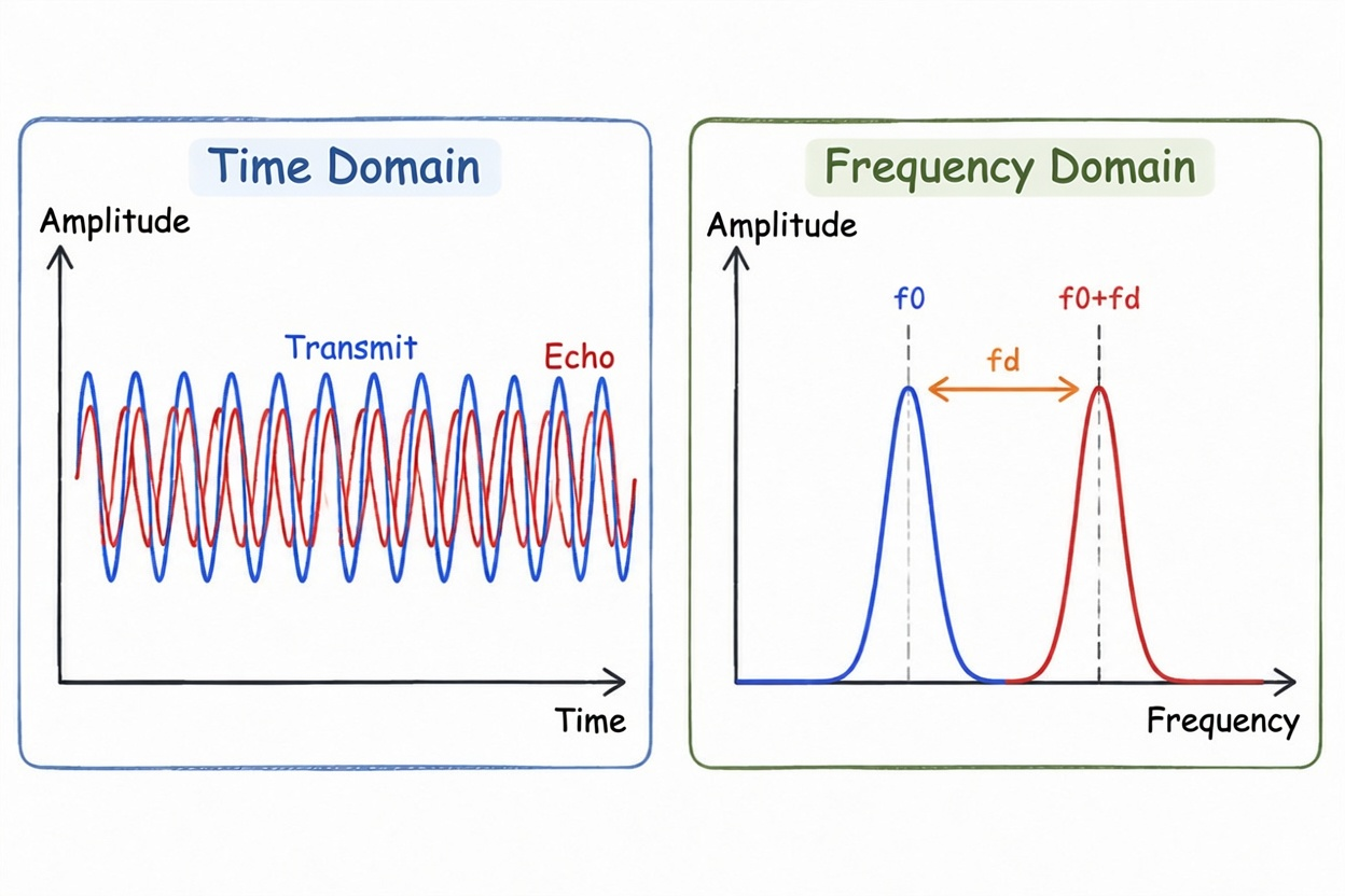 Figure 3.7 Doppler shift: subtle in time domain, clearer in frequency domain