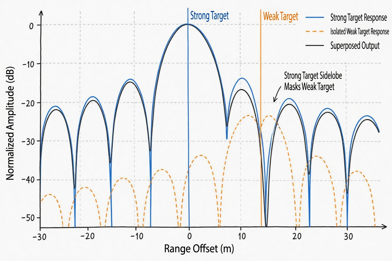 Figure 4.16 Strong target sidelobes masking weak target
