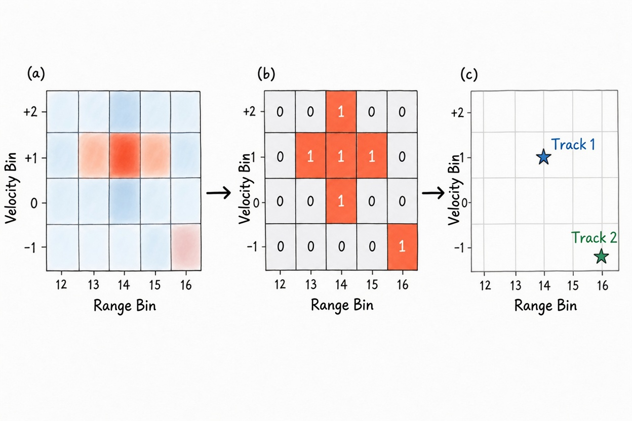 Figure 6.10 From range-velocity response to detection mask, then to plots
