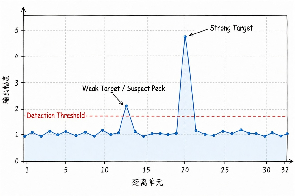 Figure 6.1 Strong targets, weak targets, and noise fluctuations in range profile