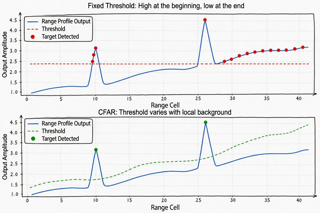 Figure 6.7 Comparison of fixed threshold and CFAR in non-uniform background