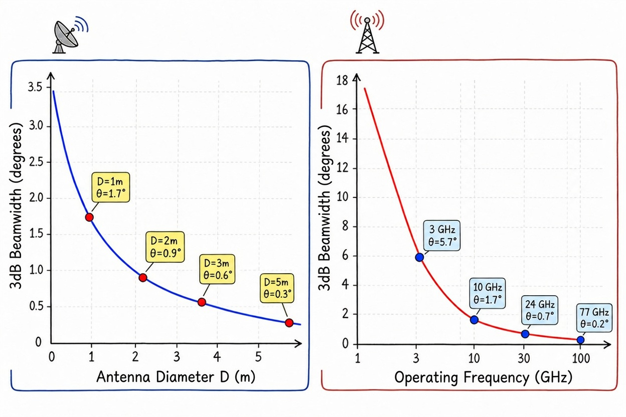 Figure 7.3 Relationship between beamwidth and antenna aperture