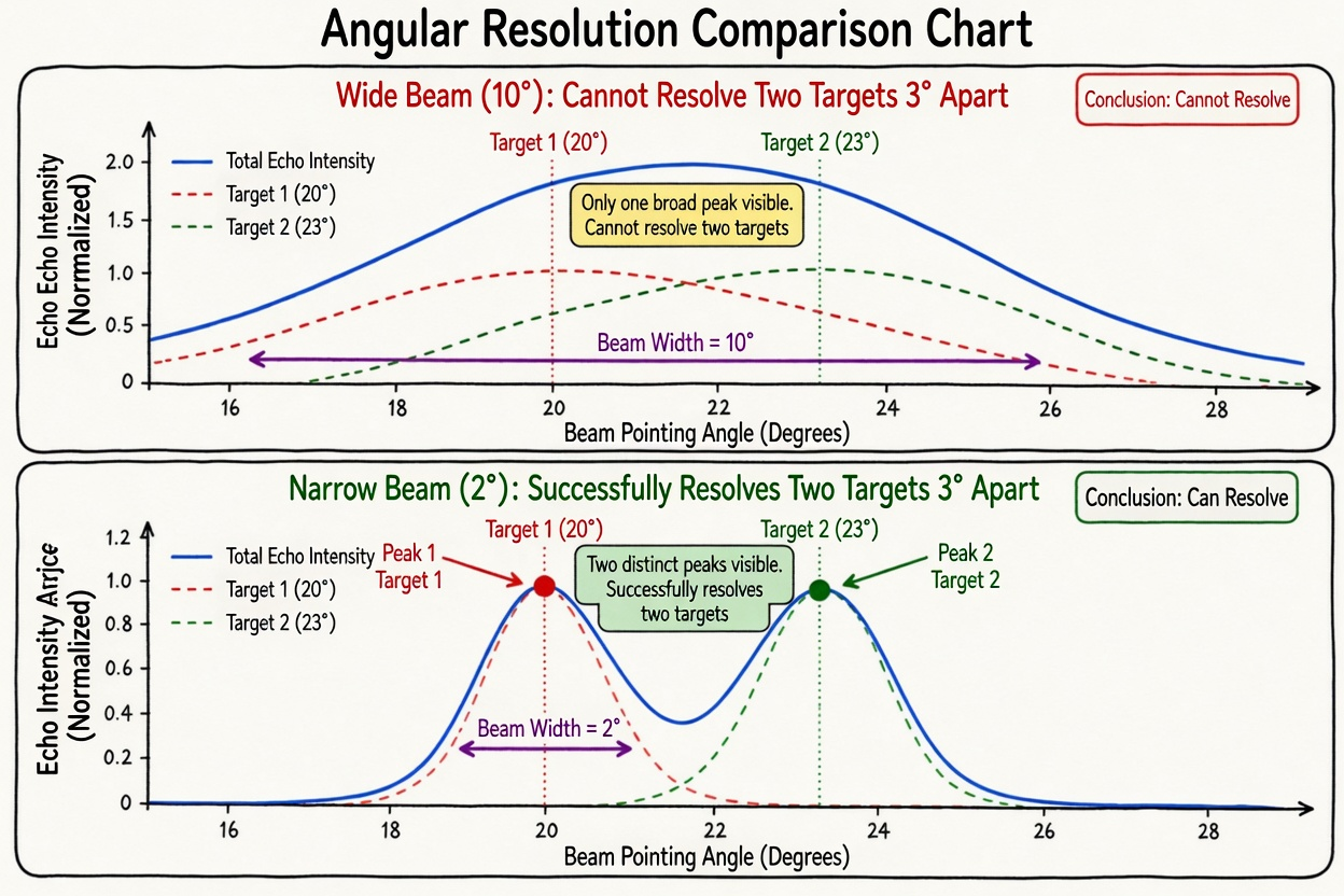Figure 7.7 Angular resolution illustration: wide beam vs. narrow beam